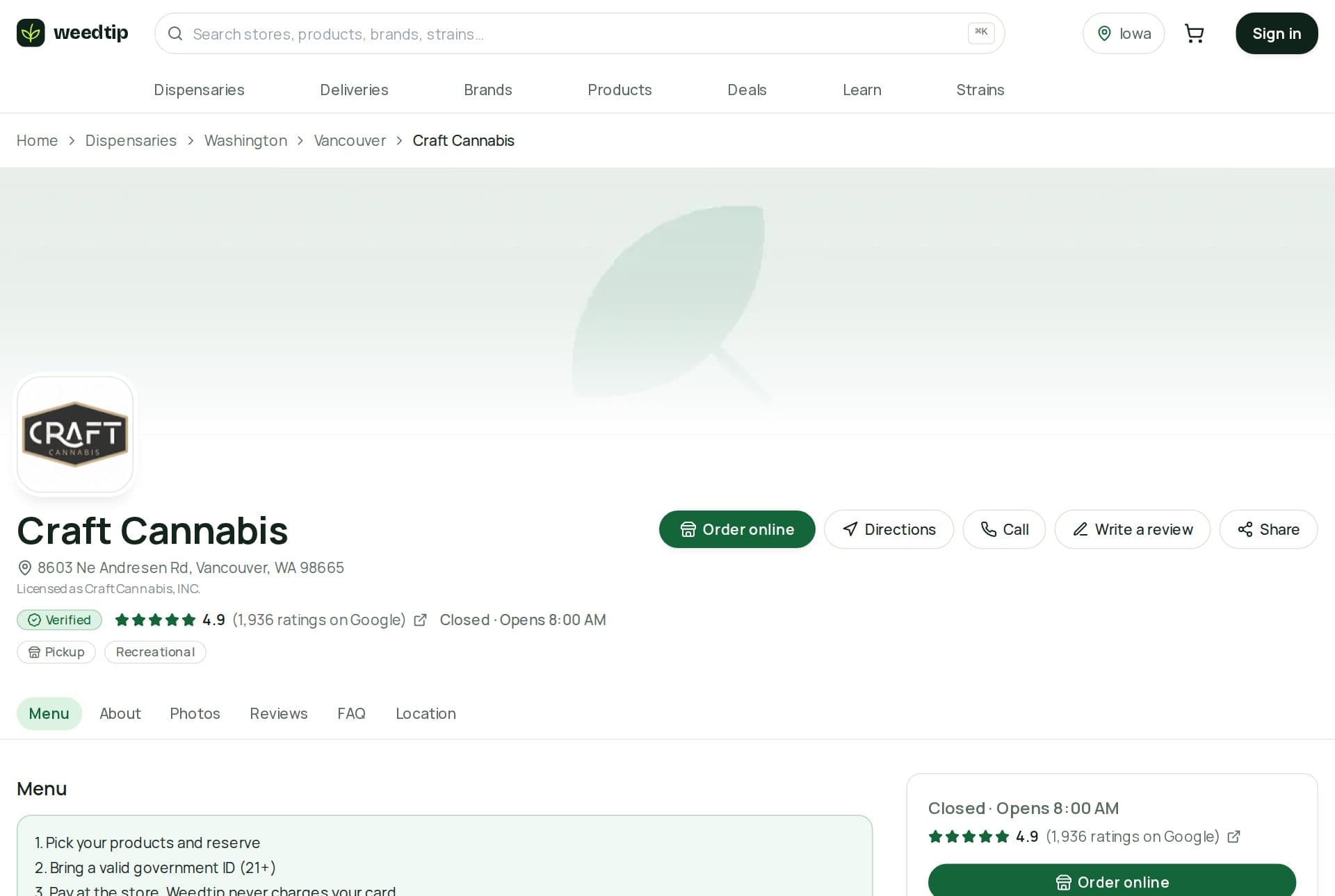 A claimed dispensary listing on Weedtip: photos, hours, rating, and menu on one page