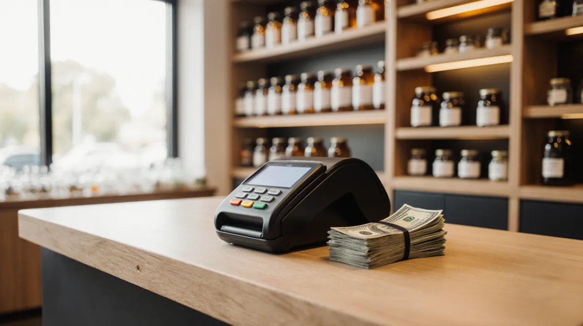 Dispensary checkout counter with a debit card terminal and a stack of cash on a wood countertop