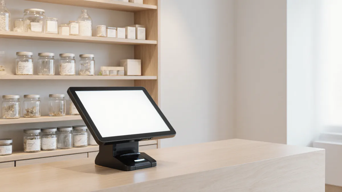 Bright modern dispensary check-in counter with a blank ID scanner tablet and product shelving behind