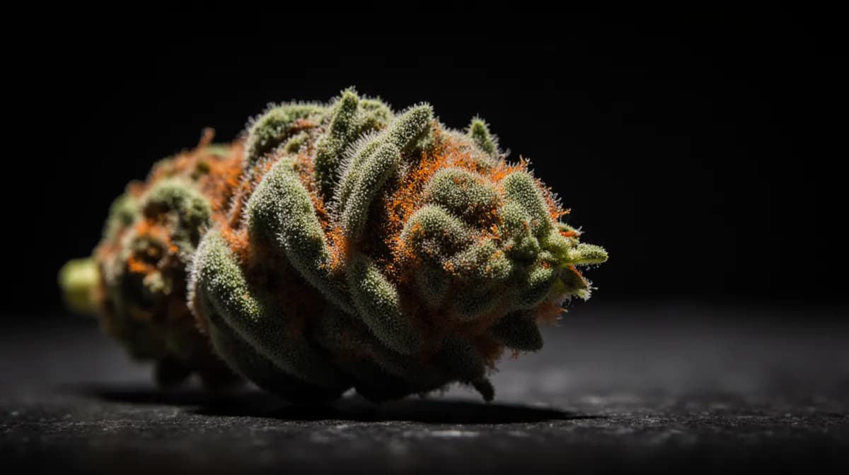 Macro photo of a frosty cannabis flower bud with orange pistils on a dark slate surface